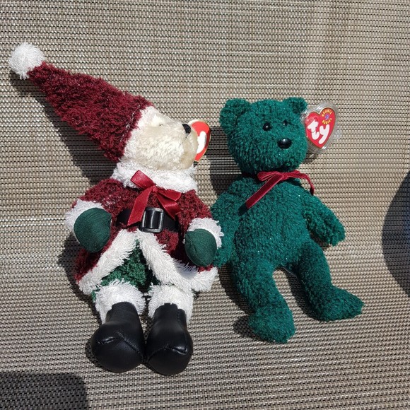 Ty Beanie Babies 2001 HOLIDAY TEDDY Green & 2000 Christmas Red Santa 8" Plush - Picture 15 of 15